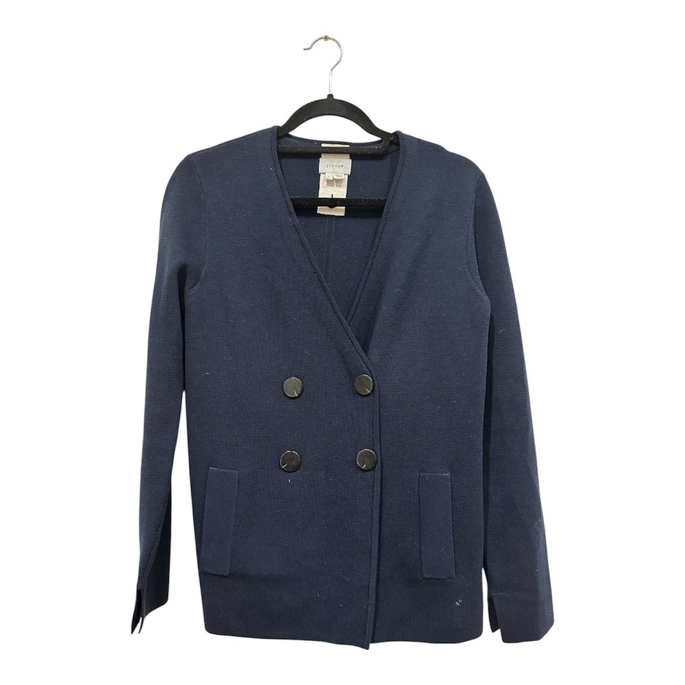 Jigsaw Womens Navy Blue 100% Wool Double Breasted Cardigan Sweater Blazer Size L